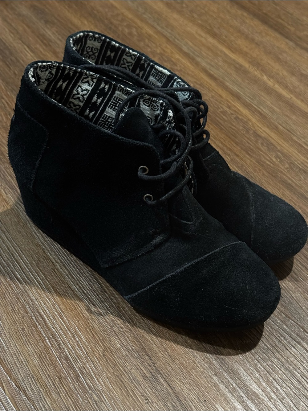 Toms Black Suede Lace-Up Wedge Booties with Patterned Lining